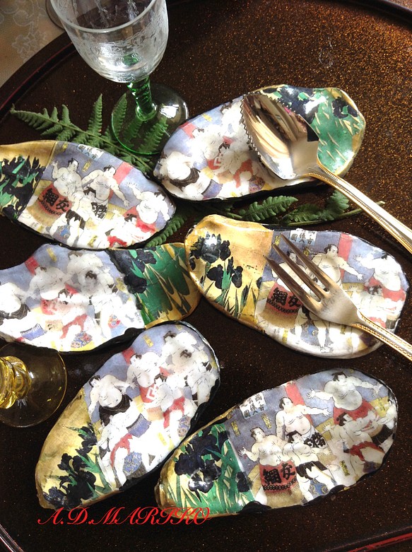 お相撲さん 貝のお箸置きand豆皿 ６枚セット 1枚目の画像