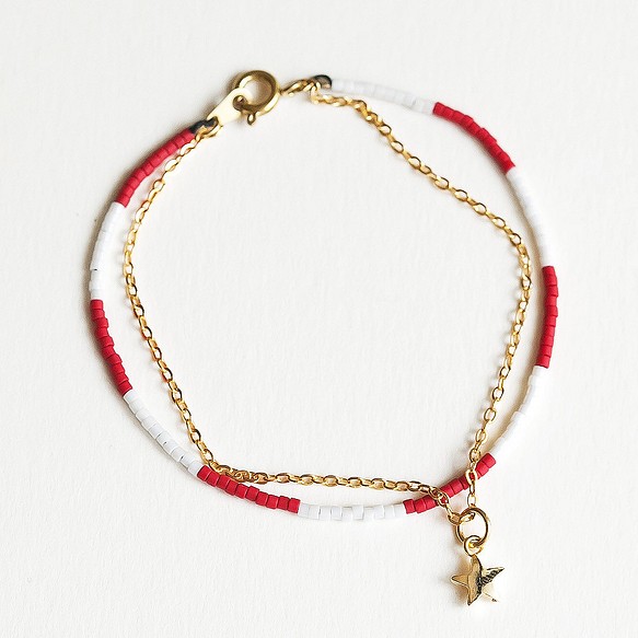 マルチレベルの赤と白のゴールドペンダント5先の尖った星の二重鎖真鍮バックル非常に細かいブレスレット「小さなチェーンクラブ」BMK 1枚目の画像
