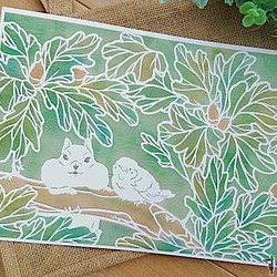 白いリスとすずめとナラの木　A4（複製、光沢紙、純正インク） 1枚目の画像