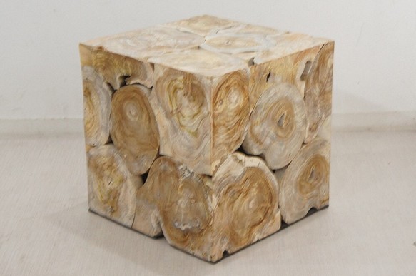 銘木 チーク ブロック スツール 椅子 天然木 無垢 キューブ 40cm ホワイトウォッシュ 1枚目の画像