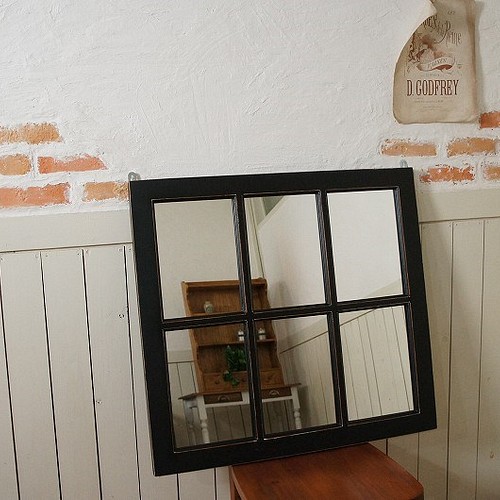 アンティーク調 木製窓枠 鏡 壁掛けミラー シャビー ブラック 6枠 黒艶 