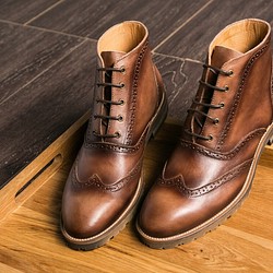 ハラコレザー紳士靴シューズハンドメイド本革靴ショットブーツ コーヒー 1枚目の画像