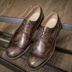 紳士靴ハラコレザーウイングチップハンドメイド本革靴牛革シューズ コーヒー送料無料 1枚目の画像