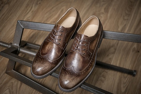 紳士靴ハラコレザーウイングチップハンドメイド本革靴牛革シューズ コーヒー送料無料 1枚目の画像