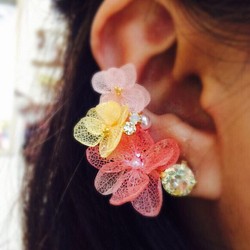 [再次上架]春季繡球花耳套和耳環或耳環2件套粉色 第1張的照片