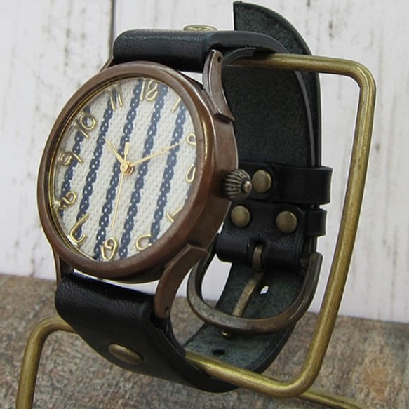 條紋校園織物錶盤L尺寸藍/紅手工製作手錶To木皮革 第1張的照片