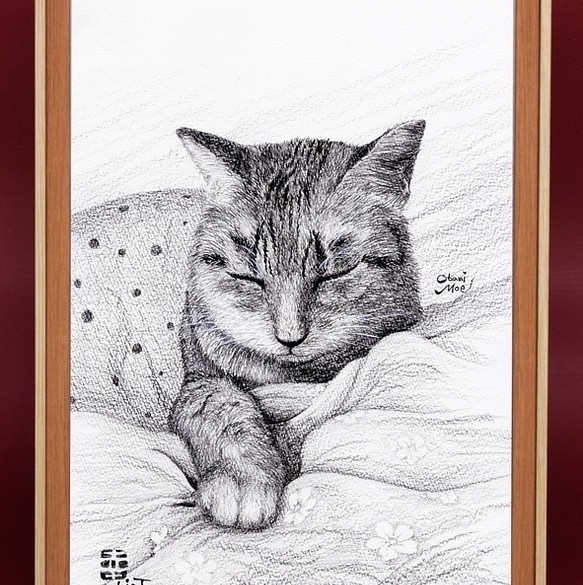 猫の絵 色鉛筆 鉛筆画 額入り - 絵画