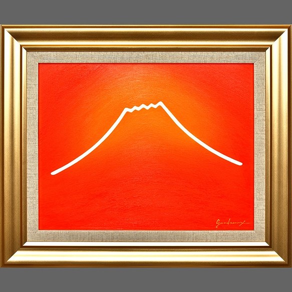 ○F6号『朱色に染まる富士山』○がんどうあつし絵画油絵額縁付赤富士