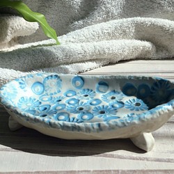 橢圓藍色印花肥皂盤_陶飾肥皂碟 第1張的照片