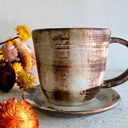 咖啡格紋杯盤組_陶器馬克杯 第1張的照片