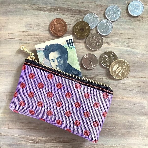 畳縁　零錢包　名片夾　波爾卡圓點　漿果色　日式 第1張的照片