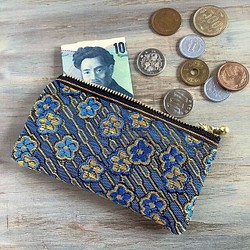 畳縁  硬幣錢包　名片夾　日式　藍色和金色花朵 第1張的照片