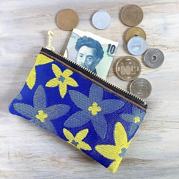 畳縁  硬幣錢包　名片夾　復古流行花卉圖案　星花　日式　藍色和黃色 第1張的照片