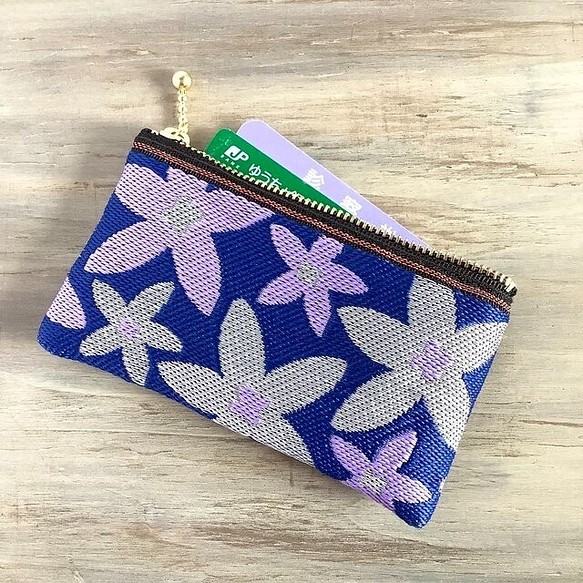 畳縁  硬幣錢包　名片夾　復古流行花卉圖案　星花　日式　可爱　深藍　紫羅蘭色 第1張的照片