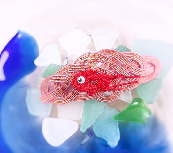 水引“Mizuhiki”製作　金魚　髮夾　瓦萊塔　 粉紅色　珊瑚色 第1張的照片