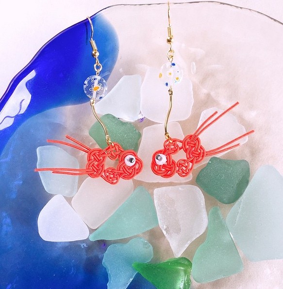 水引“Mizuhiki”製作　金魚　耳環　千花玻璃珠　朱紅　日式 第1張的照片
