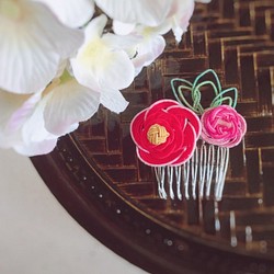 水引“Mizuhiki”製作　花藝設計　髮飾　茶花　紅　日式 第1張的照片