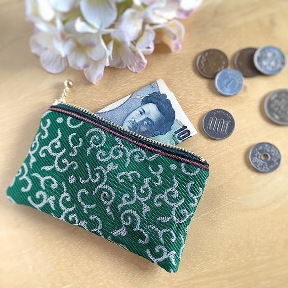 畳縁　硬幣錢包　名片夾　唐草模様　日式　綠色 第1張的照片