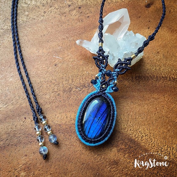 【天然石 Macrame】精品 深藍 強光 拉長石織頸鍊 / Labradorite macrame necklace 第1張的照片
