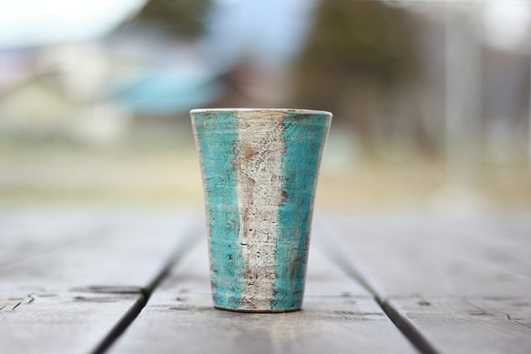 フリーカップ　ストライプ　ブルー　水色　ビアカップ　陶器　　 1枚目の画像