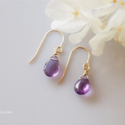 2月生日石<露珠狀水滴＞紫水晶一粒耳針 可變更為夾式耳環 第1張的照片