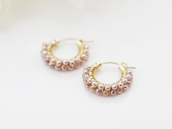【粉紫】珍珠雙圈耳環耳環可換六月生日石M 第1張的照片