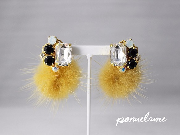 2WAY耳環[秋季]珠寶和貂皮2路耳環/黃色赭石×黑 第1張的照片