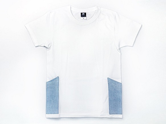 《送料無料》サイドポケット〜XSサイズ　Tシャツ　ホワイトxアイスウォッシュ 1枚目の画像