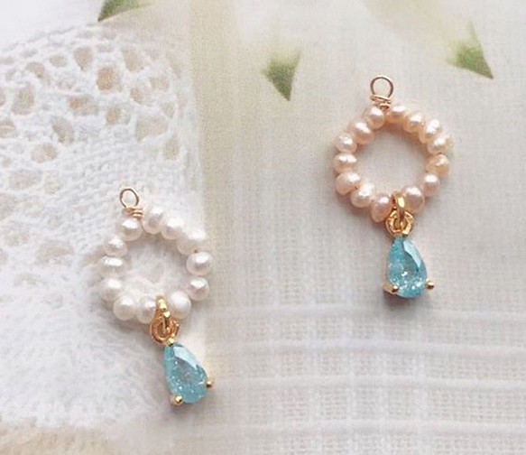 ♡珍珠・半成品♡手工繞線 藍冰花鋯石珍珠環 白色系列 1個入 第1張的照片