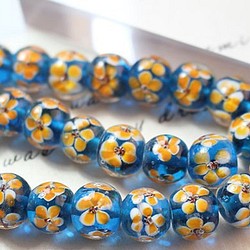 ♡玻璃/琉璃・風鈴♡春款琉璃小黃花朵圓形珠子 14mm 寶藍色 4個入 第1張的照片