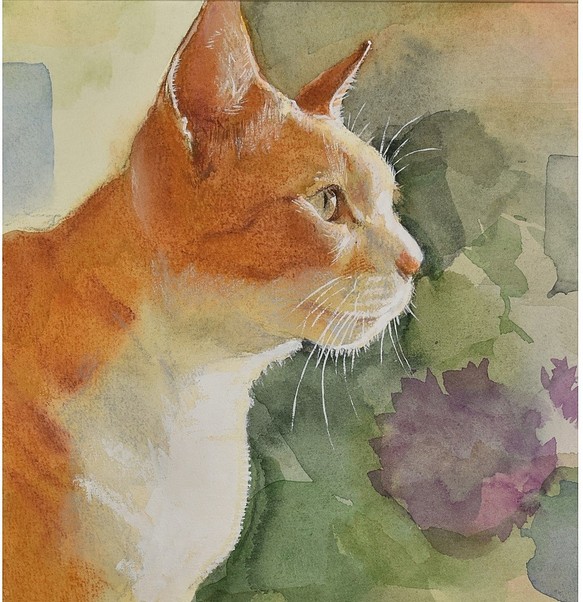 花と猫（水彩+パステルon paper） 1枚目の画像