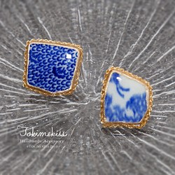 藍色陶器編織耳環×的金線“免費送貨免費包裝”過敏*日本模式模式 第1張的照片