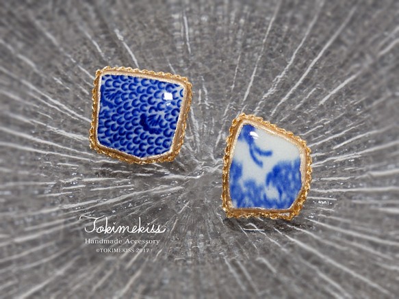 藍色陶器編織耳環×的金線“免費送貨免費包裝”過敏*日本模式模式 第1張的照片