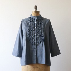 『贅沢フリル前開きシャツ ジャケット』コットン デニム生地。ブラウス羽織りK61（sh374) 1枚目の画像
