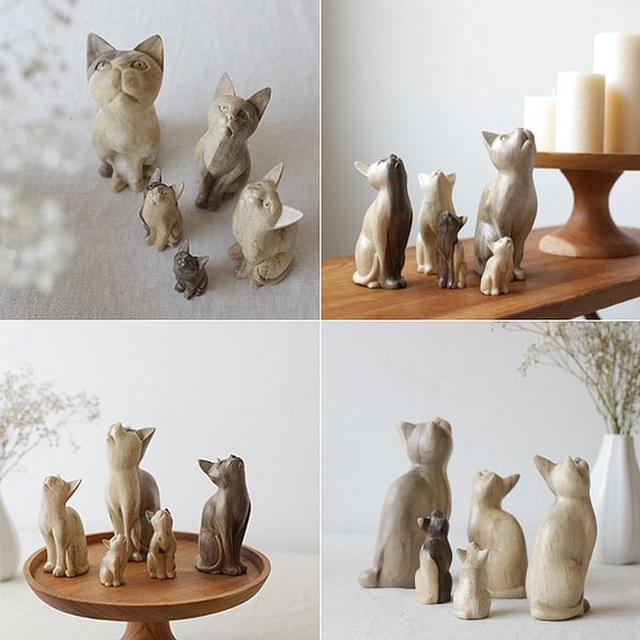 ５匹セット】 天然無垢ウッド 手彫り木彫りART “見上げる猫一家 ” ネコ