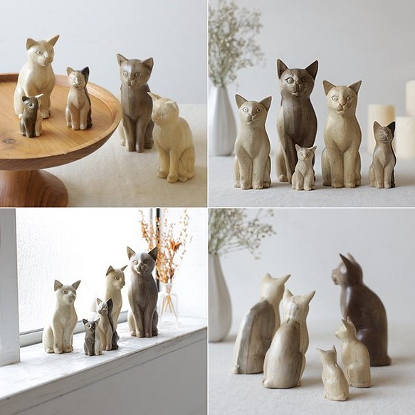 ⁑【５匹セット】 天然無垢ウッド 手彫り木彫りART “座る猫一家 ” ネコ置物 フィギュア インテリア Q59C 1枚目の画像