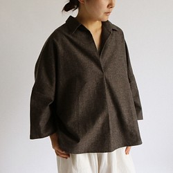 ●ツイード織りコットン100％ 燕尾裾スキッパー ゆったり身幅 オーバーシャツ H92A 1枚目の画像