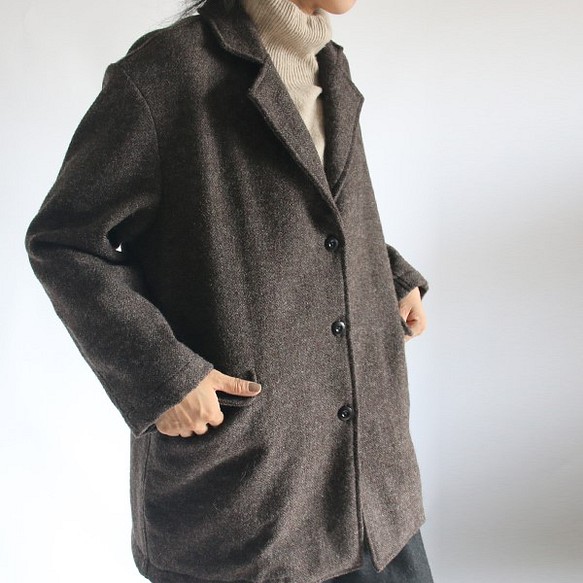 ウール100％ 羊毛 厚地 ほっこり暖か コート anvai オリジナル マニッシュ ジャケット ブラウン G33 1枚目の画像