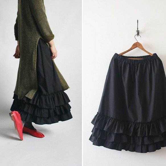 『大人甘めのふりフリル スカート』コットン100% 裾フリル ペチコート 重ね着 黒K74(sk050) 1枚目の画像