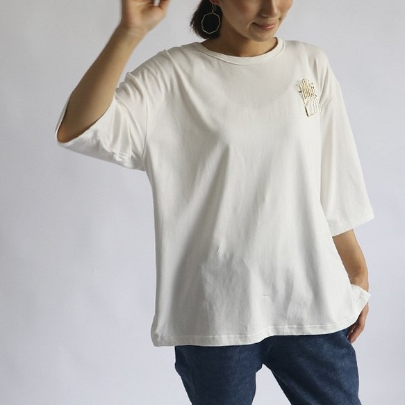 『 六分袖 女前 Tシャツ カットソー 』とろみ伸縮Ｔシャツ・チュニック白F97（sh336) 1枚目の画像