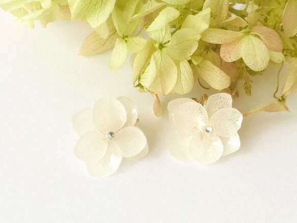 【再販】紫陽花（ホワイト）のレジンイヤリング 1枚目の画像