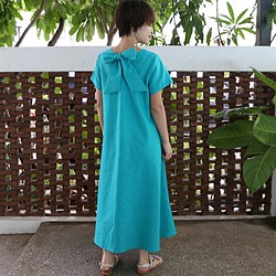 背部絲帶連衣裙亞麻材質長連衣裙綠色藍色0160GRBL 第1張的照片