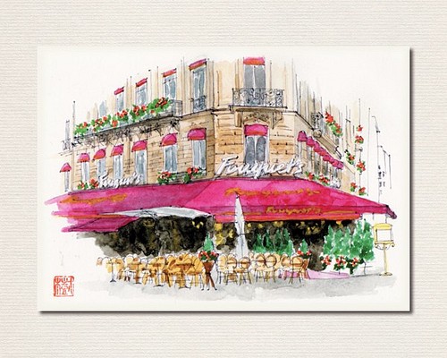 水彩画ポストカード5枚セット〈フランス・パリの風景〉 ポスト