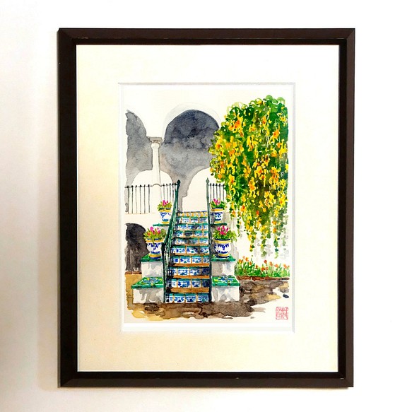 水彩風景画 額装品（ジークレープリント） 『パティオへの階段