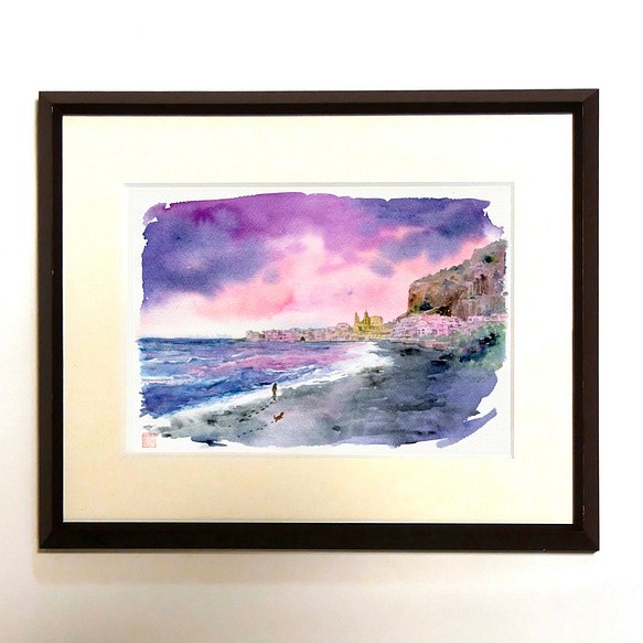 水彩風景画 額装品（ジークレープリント） 『晩秋──暮色に染まる海