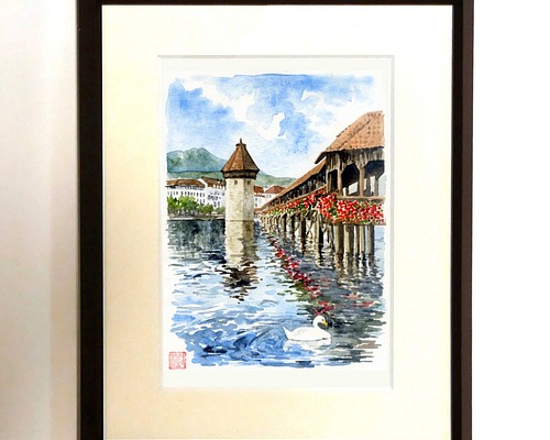 水彩風景画 額装品（ジークレープリント） 『湖上のカペル橋』 絵画 Le