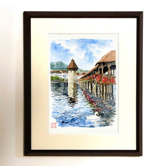 水彩風景画 額装品（ジークレープリント） 『湖上のカペル橋』 絵画 Le