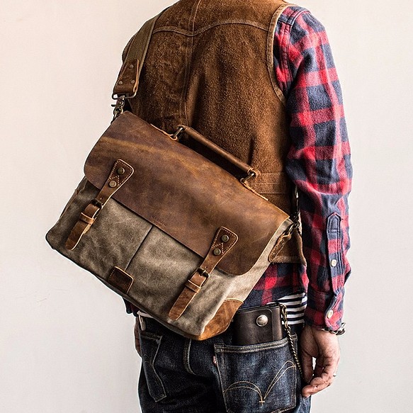 真皮+帆布包手工製作通勤學校旅行時尚男士公文包手工皮包真皮背 第1張的照片