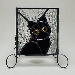 ステンドグラス・猫キャンドルポット(黒ねこ) 517 1枚目の画像