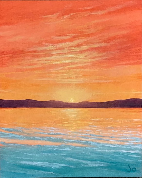 《手描きの油絵作品》オレンジ色の夕焼けと海